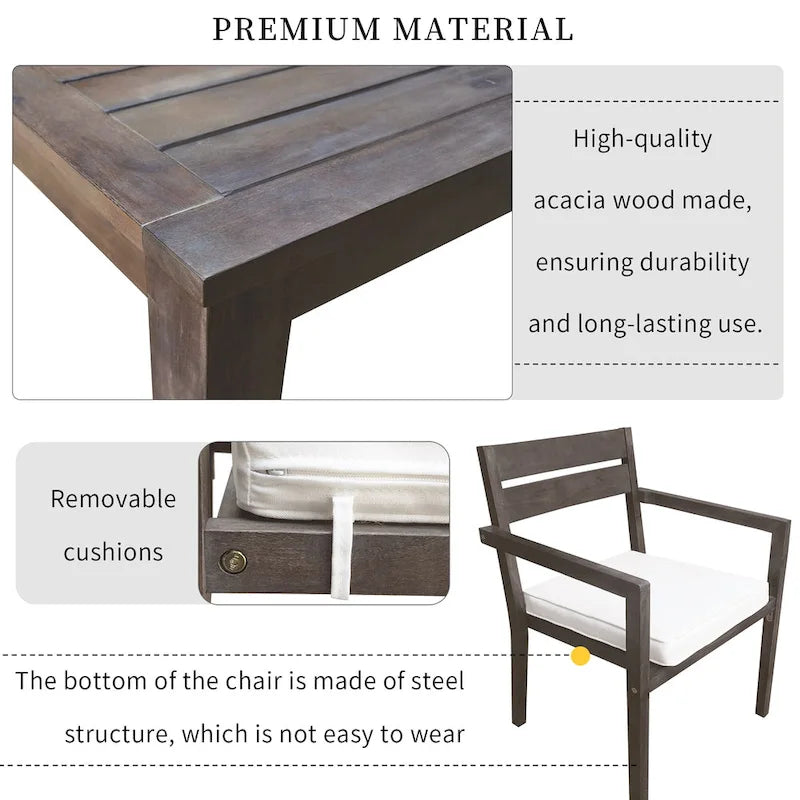 Table et chaises de salle à manger d'extérieur en bois d'acacia, idéales pour la terrasse