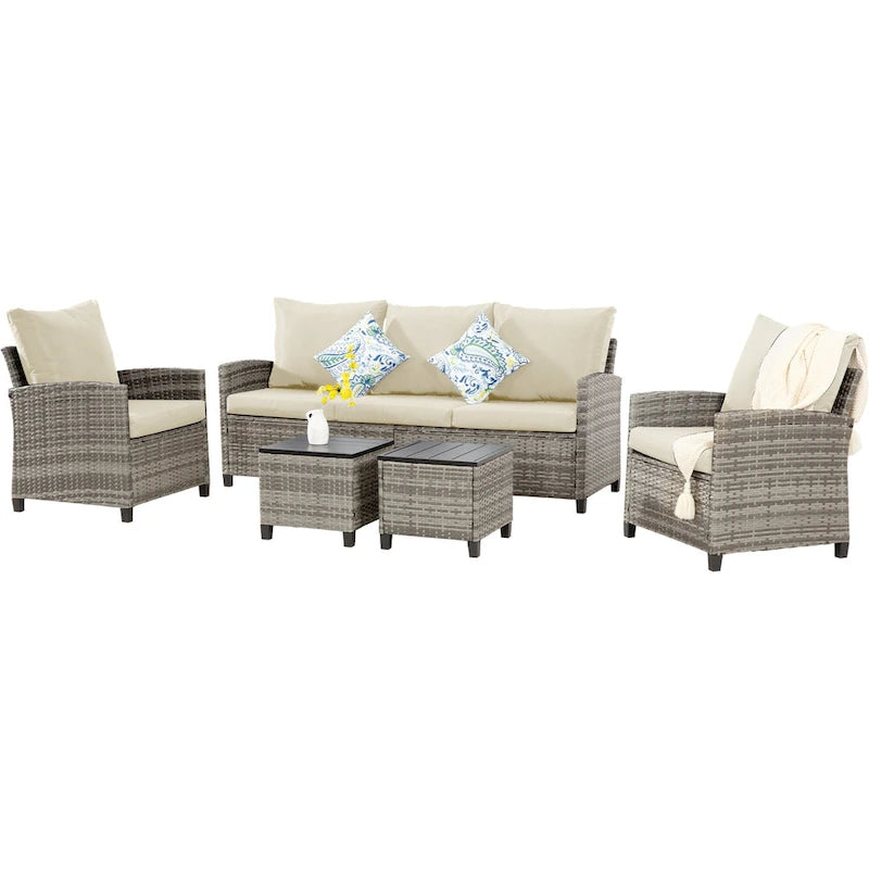 Ensemble de meubles de patio 6 pièces, canapé d'angle conversationnel en osier d'extérieur avec poufs