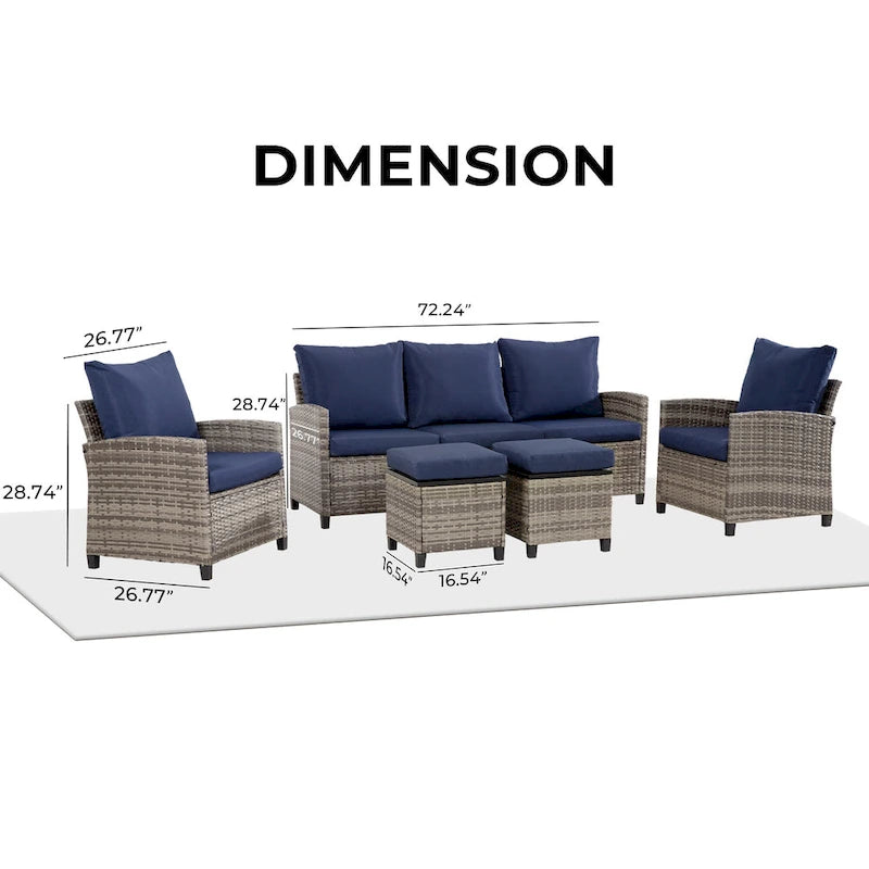 Ensemble de meubles de patio 6 pièces, canapé d'angle conversationnel en osier d'extérieur avec poufs