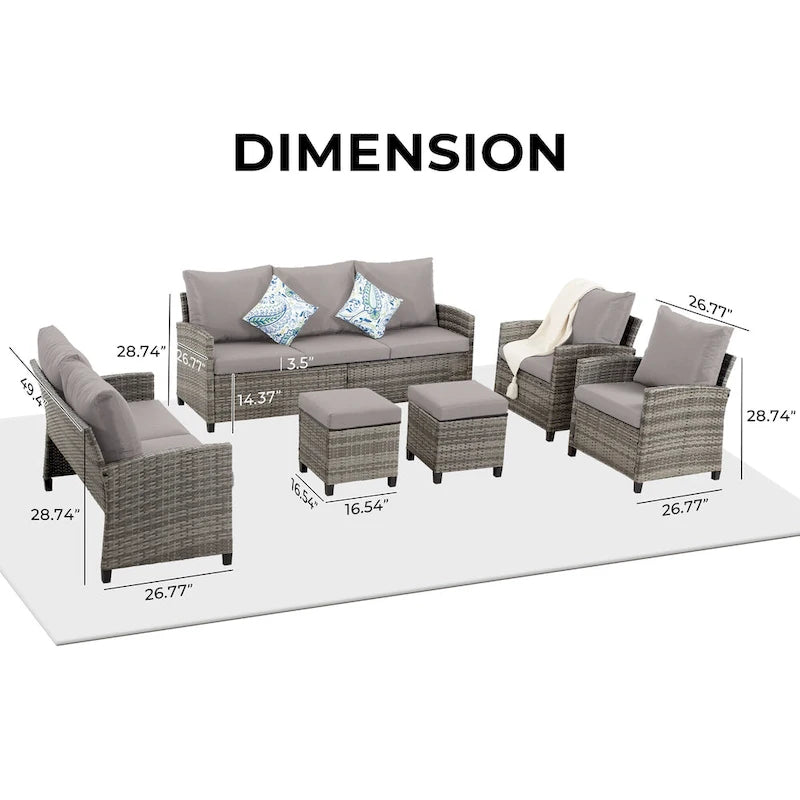 Ensemble de meubles de patio 6 pièces, canapé d'angle conversationnel en osier d'extérieur avec poufs