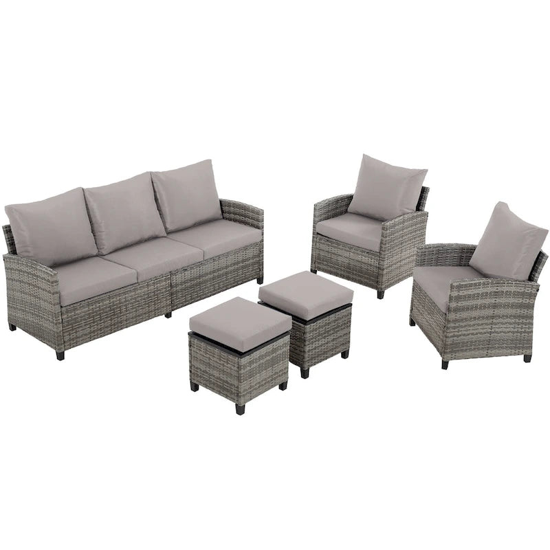 Ensemble de meubles de patio 6 pièces, canapé d'angle conversationnel en osier d'extérieur avec poufs