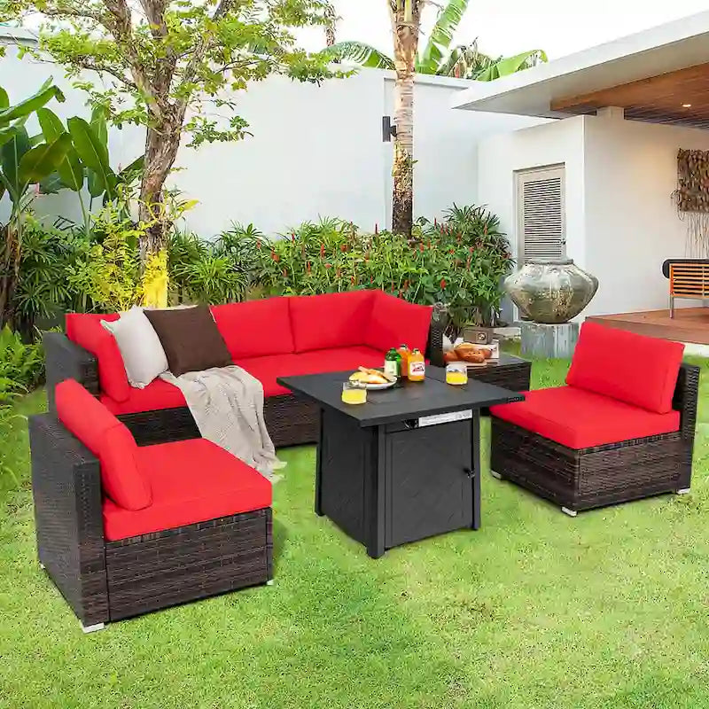 Costway Ensemble de Meubles de Patio 7 pièces avec Foyer au Propane de 50 000 BTU - Voir Détails