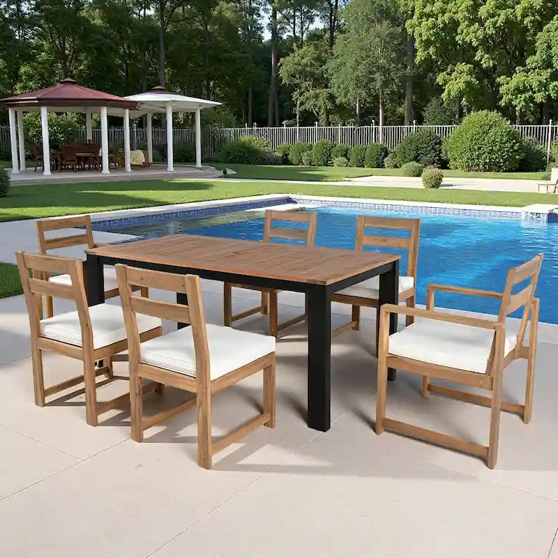 Ensemble de salle à manger d'extérieur 7 pièces en bois d'acacia avec trou pour parasol, 2 fauteuils et 4 chaises sans accoudoirs