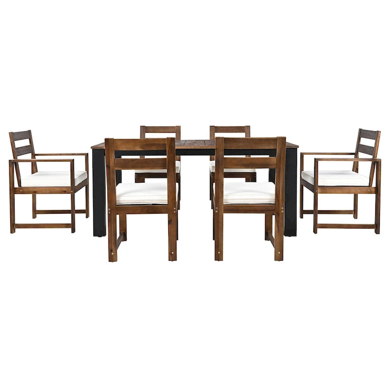 Ensemble de salle à manger d'extérieur 7 pièces en bois d'acacia avec trou pour parasol, 2 fauteuils et 4 chaises sans accoudoirs