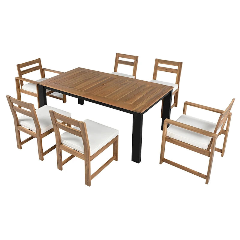 Ensemble de salle à manger d'extérieur 7 pièces en bois d'acacia avec trou pour parasol, 2 fauteuils et 4 chaises sans accoudoirs
