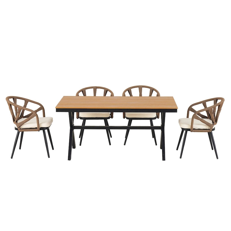 Ensemble de salle à manger d'extérieur en fer 5 pièces avec table rectangulaire et 4 chaises rembourrées en corde tressée