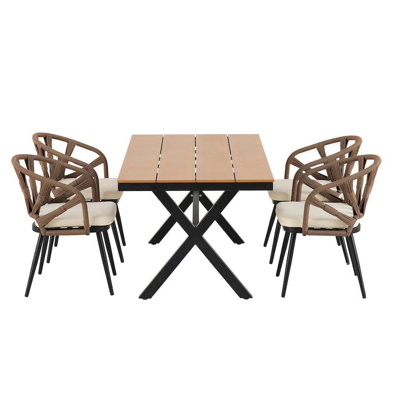 Ensemble de salle à manger d'extérieur en fer 5 pièces avec table rectangulaire et 4 chaises rembourrées en corde tressée