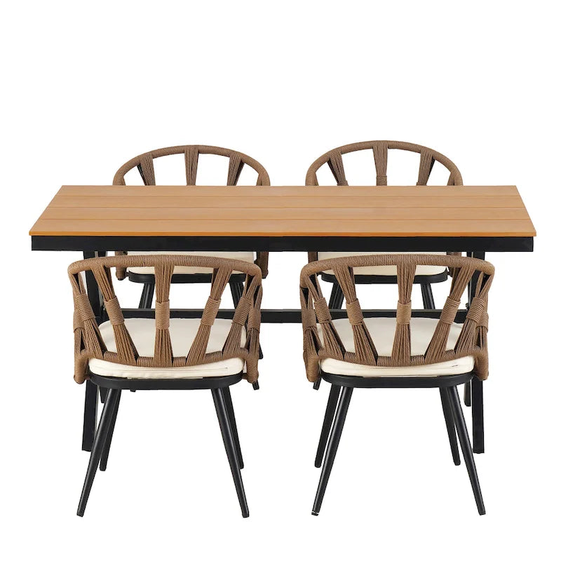 Ensemble de salle à manger d'extérieur en fer 5 pièces avec table rectangulaire et 4 chaises rembourrées en corde tressée