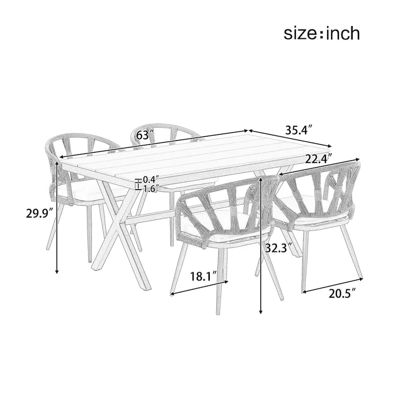 Ensemble de salle à manger d'extérieur en fer 5 pièces avec table rectangulaire et 4 chaises rembourrées en corde tressée