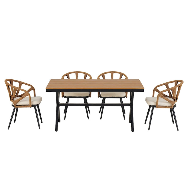 Ensemble de salle à manger d'extérieur en fer 5 pièces avec table rectangulaire et 4 chaises rembourrées en corde tressée