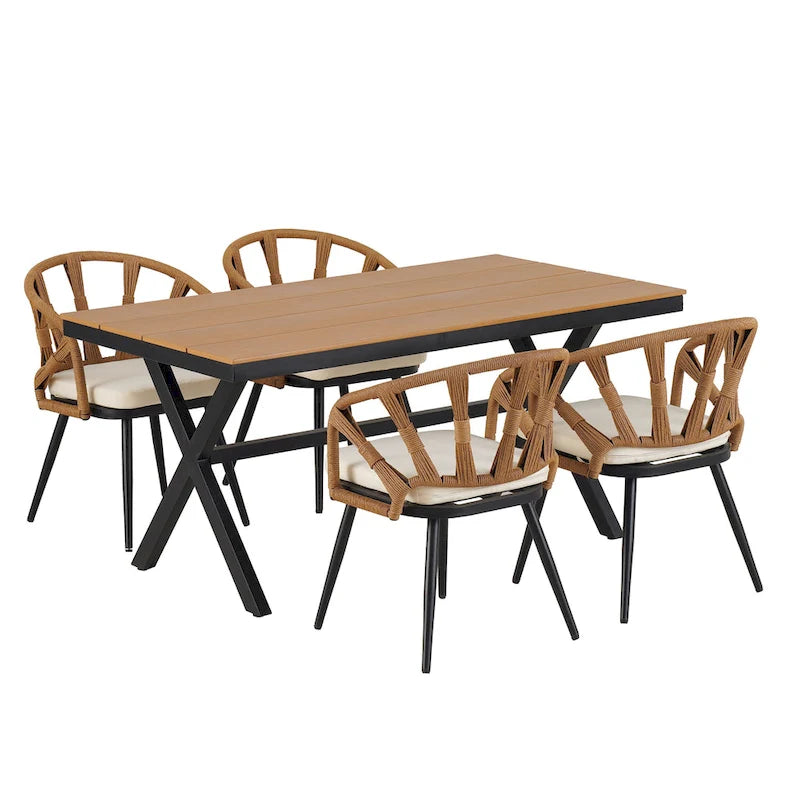 Ensemble de salle à manger d'extérieur en fer 5 pièces avec table rectangulaire et 4 chaises rembourrées en corde tressée