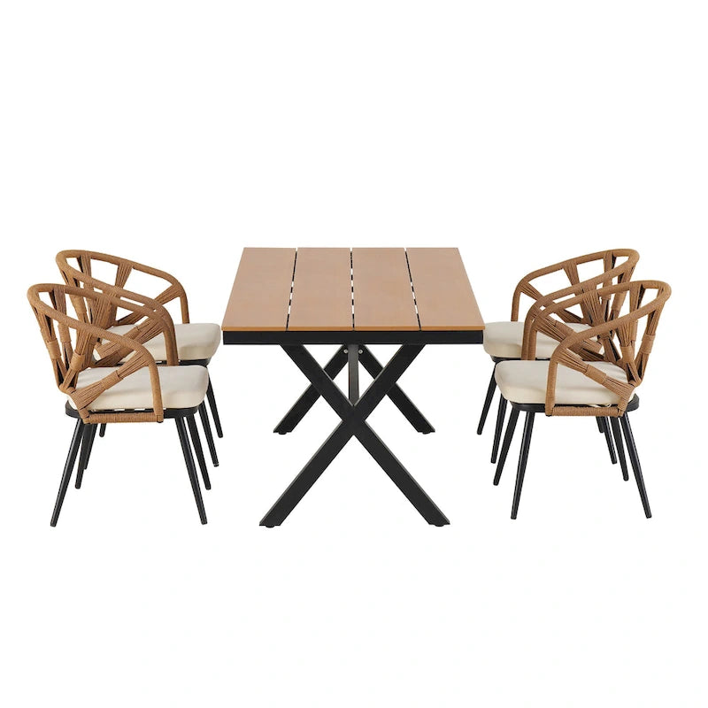 Ensemble de salle à manger d'extérieur en fer 5 pièces avec table rectangulaire et 4 chaises rembourrées en corde tressée