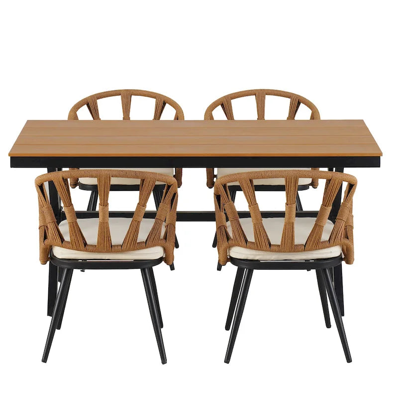 Ensemble de salle à manger d'extérieur en fer 5 pièces avec table rectangulaire et 4 chaises rembourrées en corde tressée