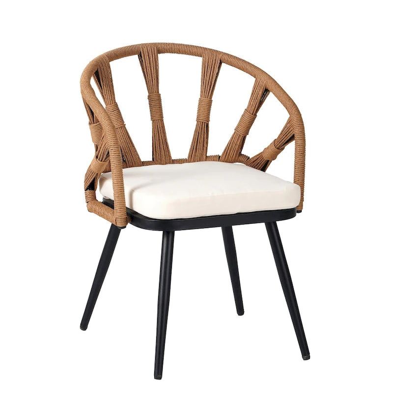 Ensemble de salle à manger d'extérieur en fer 5 pièces avec table rectangulaire et 4 chaises rembourrées en corde tressée