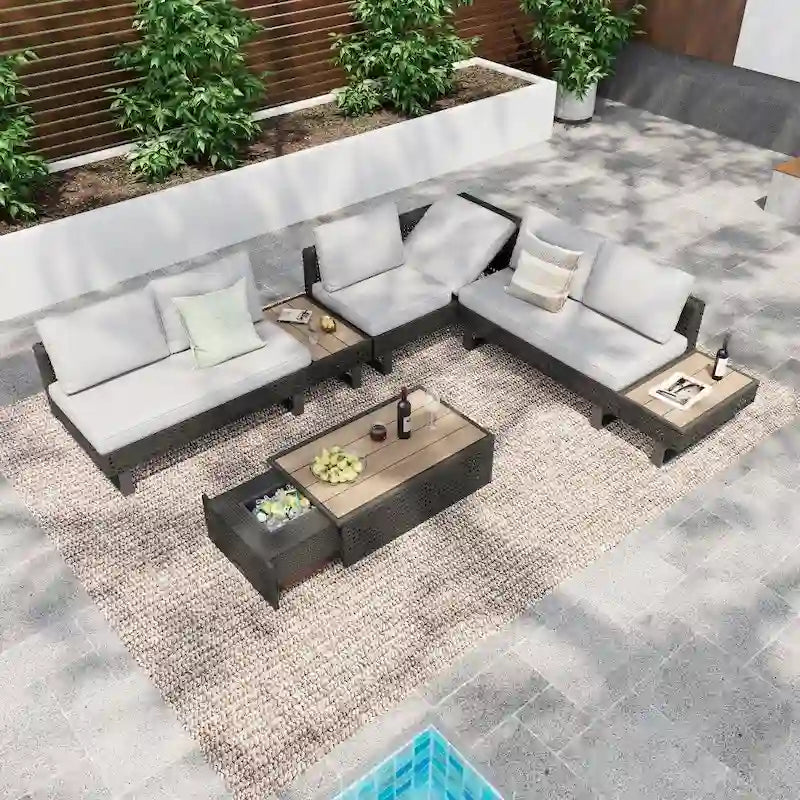 Ensemble de meubles de patio sectionnels tressés 5 pièces avec table basse extensible et seau à glace