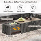 Ensemble de meubles de patio sectionnels tressés 5 pièces avec table basse extensible et seau à glace