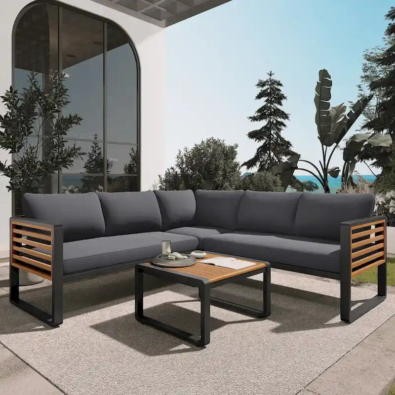 Ensemble de meubles de patio de 4 pièces, ensemble de canapé sectionnel en forme de L pour patio avec coussin moelleux et table basse rectangulaire