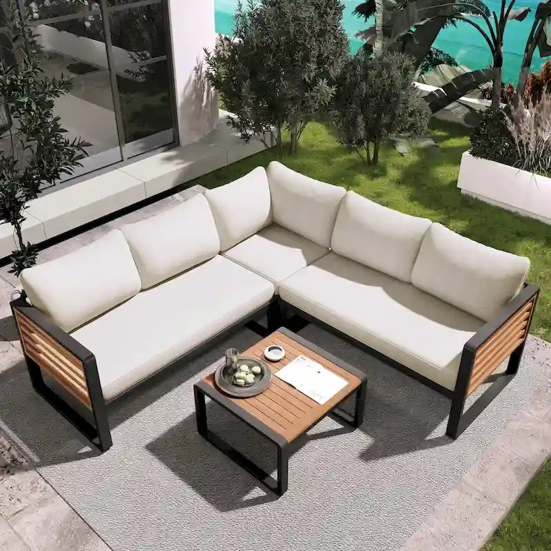 Ensemble de meubles de patio de 4 pièces, ensemble de canapé sectionnel en forme de L pour patio avec coussin moelleux et table basse rectangulaire