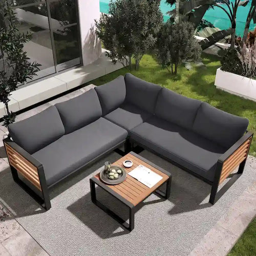 Ensemble de meubles de patio de 4 pièces, ensemble de canapé sectionnel en forme de L pour patio avec coussin moelleux et table basse rectangulaire