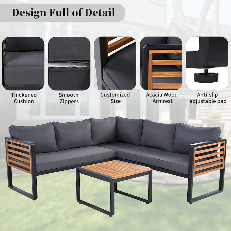 Ensemble de meubles de patio de 4 pièces, ensemble de canapé sectionnel en forme de L pour patio avec coussin moelleux et table basse rectangulaire