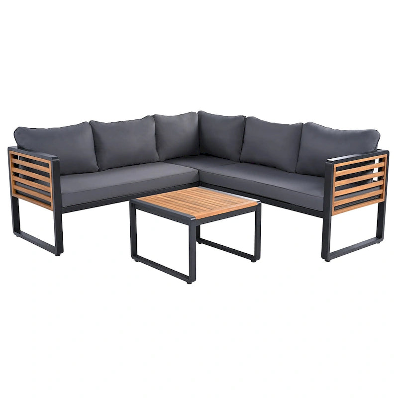 Ensemble de meubles de patio de 4 pièces, ensemble de canapé sectionnel en forme de L pour patio avec coussin moelleux et table basse rectangulaire
