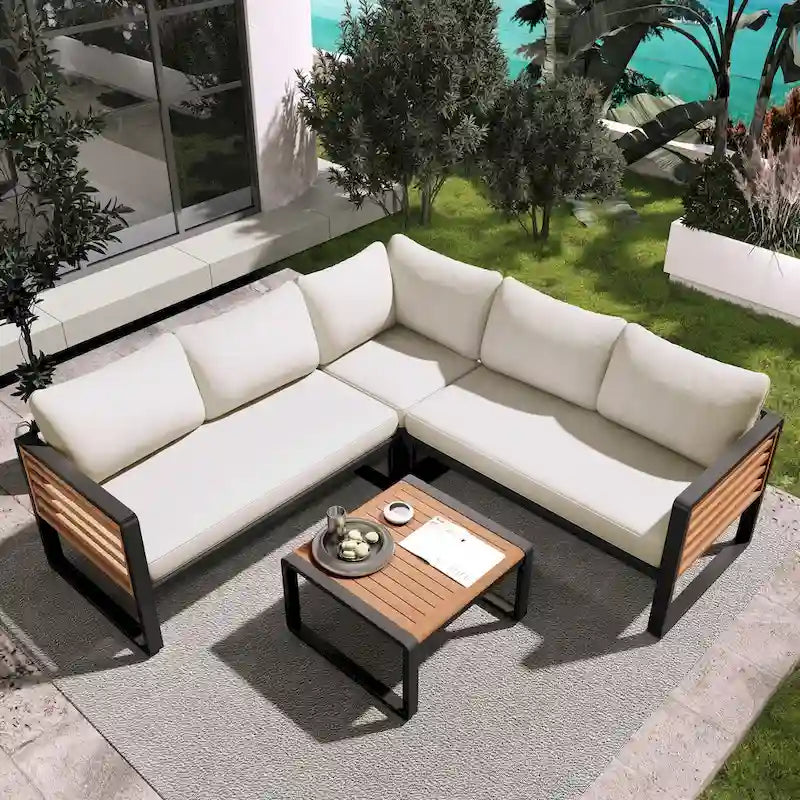 Ensemble de meubles de patio de 4 pièces, ensemble de canapé sectionnel en forme de L pour patio avec coussin moelleux et table basse rectangulaire