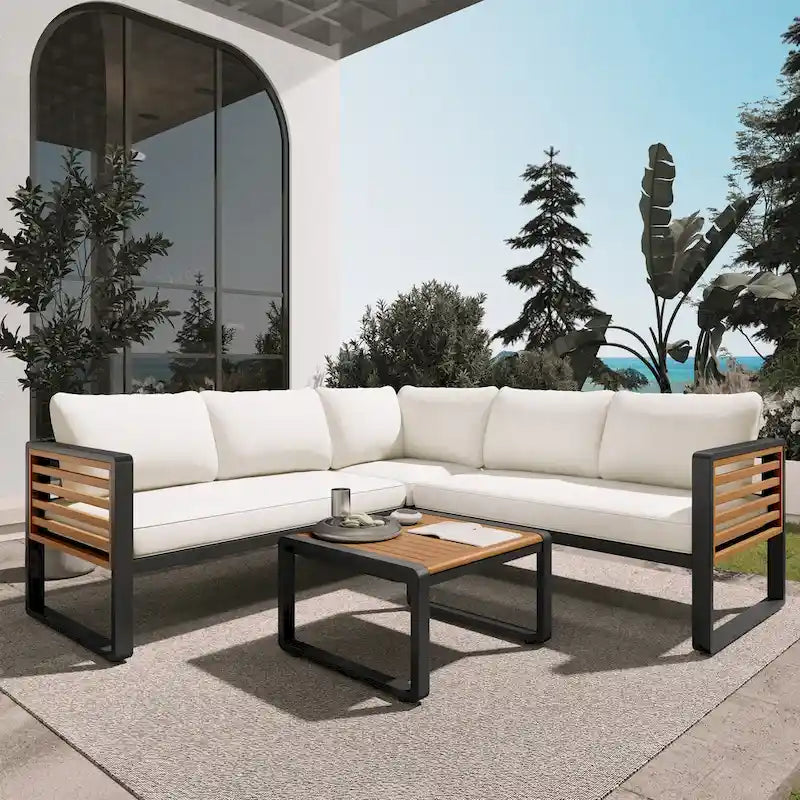 Ensemble de meubles de patio de 4 pièces, ensemble de canapé sectionnel en forme de L pour patio avec coussin moelleux et table basse rectangulaire