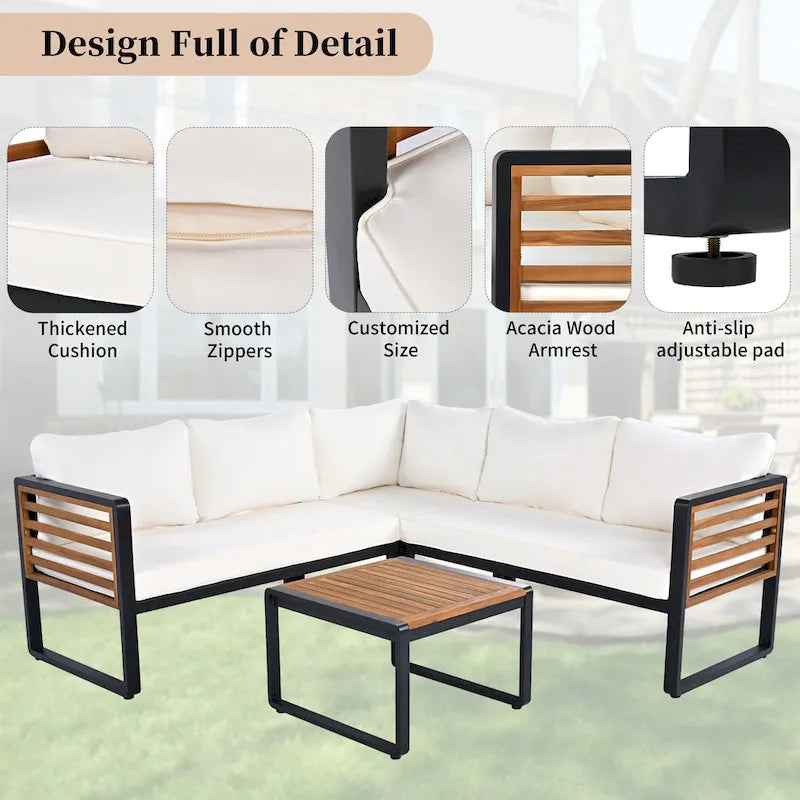 Ensemble de meubles de patio de 4 pièces, ensemble de canapé sectionnel en forme de L pour patio avec coussin moelleux et table basse rectangulaire