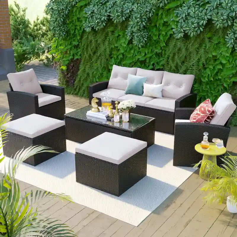 Ensemble de mobilier de patio extérieur 6 pièces, ensemble de canapé sectionnel en rotin et osier toutes saisons avec 2 chaises, poufs et table basse