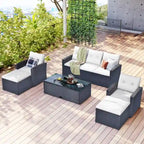 Ensemble de mobilier de patio extérieur 6 pièces, ensemble de canapé sectionnel en rotin et osier toutes saisons avec 2 chaises, poufs et table basse