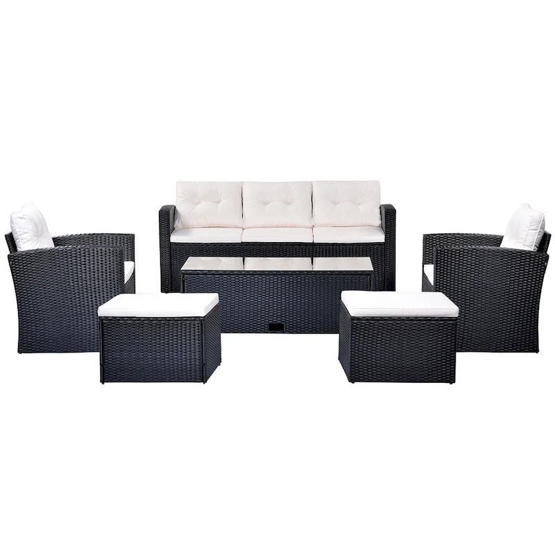 Ensemble de mobilier de patio extérieur 6 pièces, ensemble de canapé sectionnel en rotin et osier toutes saisons avec 2 chaises, poufs et table basse