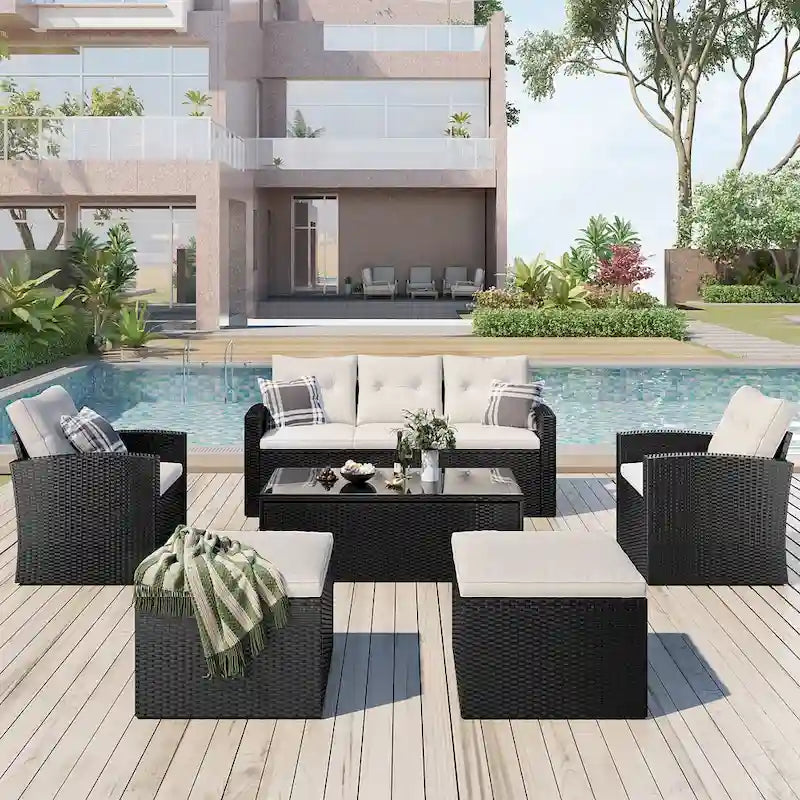 Ensemble de mobilier de patio extérieur 6 pièces, ensemble de canapé sectionnel en rotin et osier toutes saisons avec 2 chaises, poufs et table basse