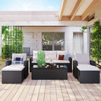 Ensemble de mobilier de patio extérieur 6 pièces, ensemble de canapé sectionnel en rotin et osier toutes saisons avec 2 chaises, poufs et table basse