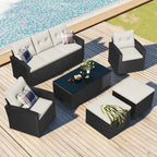 Ensemble de mobilier de patio extérieur 6 pièces, ensemble de canapé sectionnel en rotin et osier toutes saisons avec 2 chaises, poufs et table basse