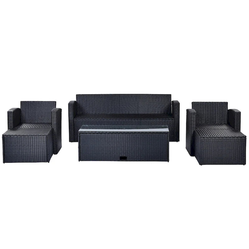 Ensemble de mobilier de patio extérieur 6 pièces, ensemble de canapé sectionnel en rotin et osier toutes saisons avec 2 chaises, poufs et table basse