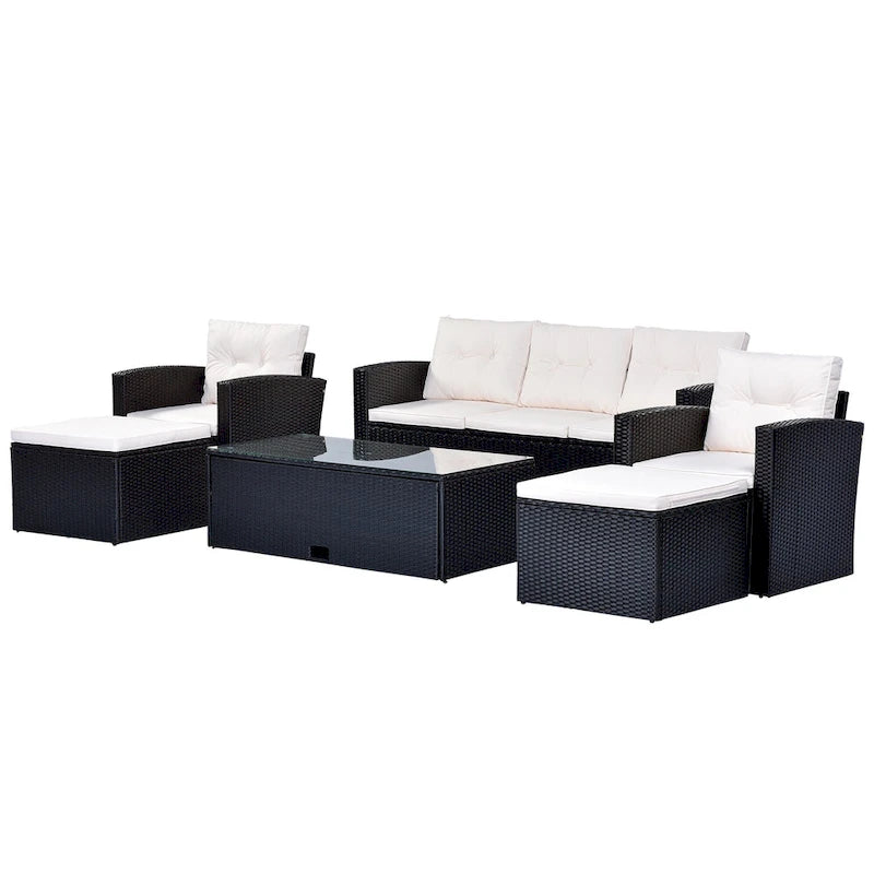Ensemble de mobilier de patio extérieur 6 pièces, ensemble de canapé sectionnel en rotin et osier toutes saisons avec 2 chaises, poufs et table basse
