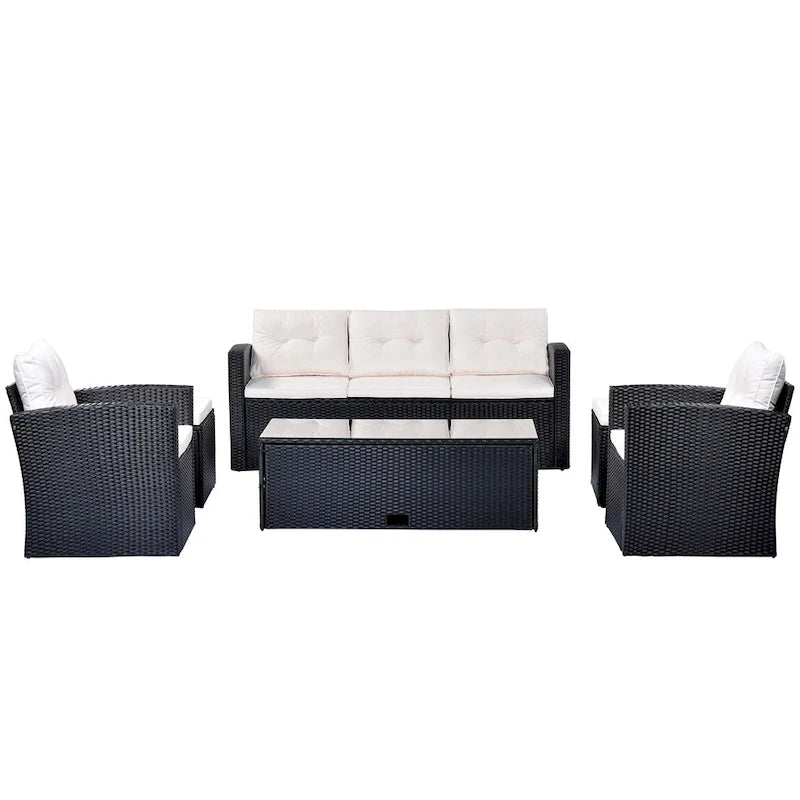 Ensemble de mobilier de patio extérieur 6 pièces, ensemble de canapé sectionnel en rotin et osier toutes saisons avec 2 chaises, poufs et table basse