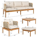 Ensemble de canapé en corde d'extérieur 4 pièces, salon de jardin tout temps avec table en bois d'acacia, canapé simple et pouf.