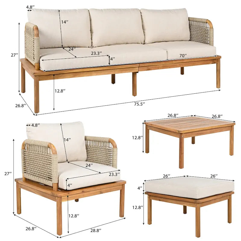 Ensemble de canapé en corde d'extérieur 4 pièces, salon de jardin tout temps avec table en bois d'acacia, canapé simple et pouf.