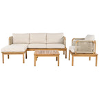 Ensemble de canapé en corde d'extérieur 4 pièces, salon de jardin tout temps avec table en bois d'acacia, canapé simple et pouf.