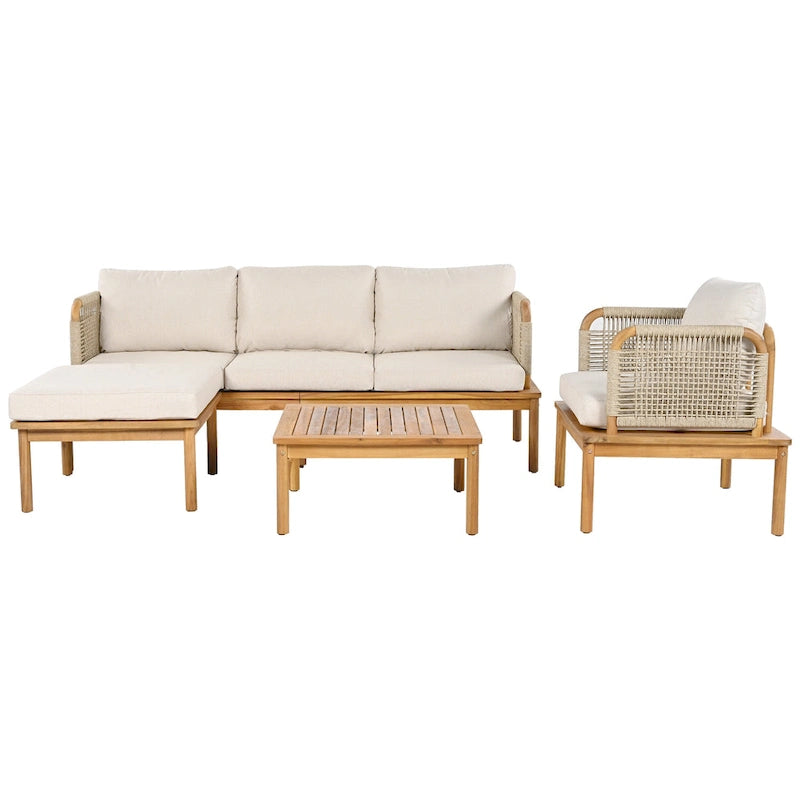 Ensemble de canapé en corde d'extérieur 4 pièces, salon de jardin tout temps avec table en bois d'acacia, canapé simple et pouf.