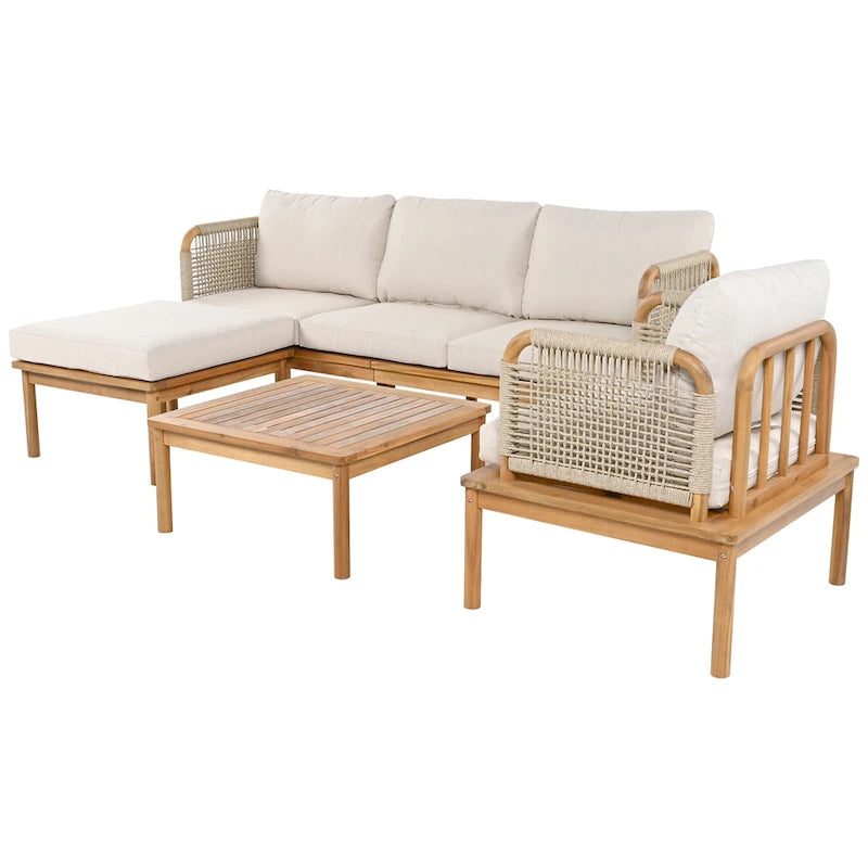 Ensemble de canapé en corde d'extérieur 4 pièces, salon de jardin tout temps avec table en bois d'acacia, canapé simple et pouf.