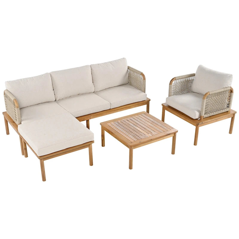 Ensemble de canapé en corde d'extérieur 4 pièces, salon de jardin tout temps avec table en bois d'acacia, canapé simple et pouf.