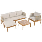 Ensemble de canapé en corde d'extérieur 4 pièces, salon de jardin tout temps avec table en bois d'acacia, canapé simple et pouf.