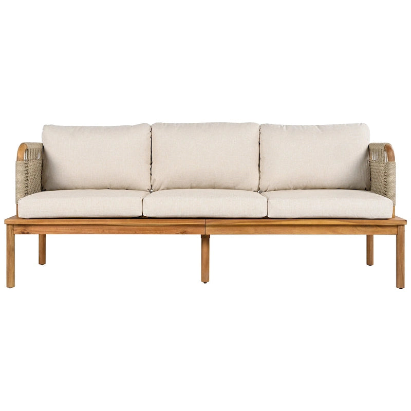 Ensemble de canapé en corde d'extérieur 4 pièces, salon de jardin tout temps avec table en bois d'acacia, canapé simple et pouf.