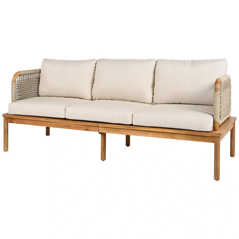 Ensemble de canapé en corde d'extérieur 4 pièces, salon de jardin tout temps avec table en bois d'acacia, canapé simple et pouf.