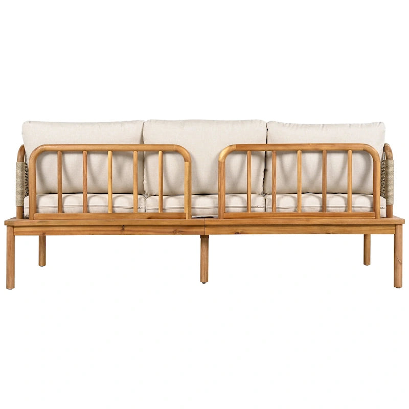 Ensemble de canapé en corde d'extérieur 4 pièces, salon de jardin tout temps avec table en bois d'acacia, canapé simple et pouf.