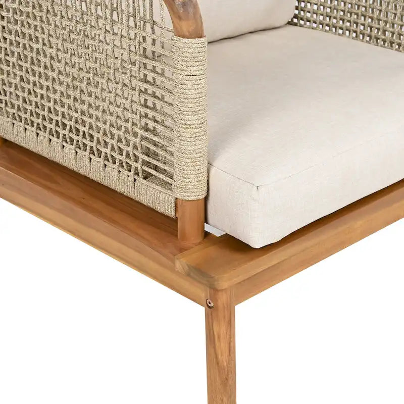 Ensemble de canapé en corde d'extérieur 4 pièces, salon de jardin tout temps avec table en bois d'acacia, canapé simple et pouf.