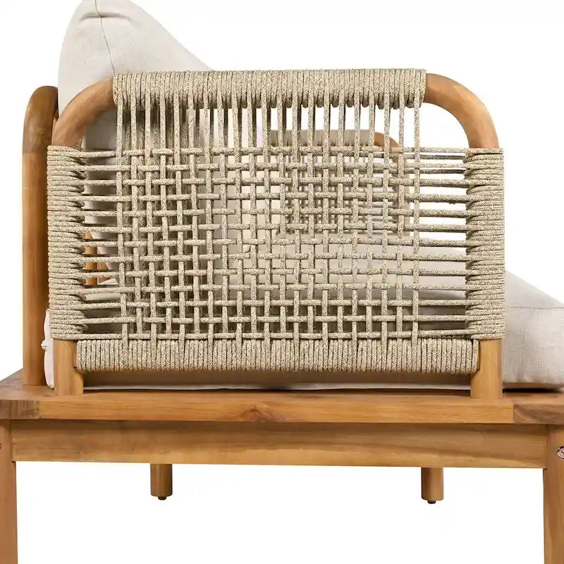 Ensemble de canapé en corde d'extérieur 4 pièces, salon de jardin tout temps avec table en bois d'acacia, canapé simple et pouf.