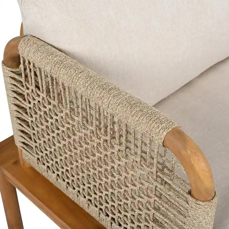 Ensemble de canapé en corde d'extérieur 4 pièces, salon de jardin tout temps avec table en bois d'acacia, canapé simple et pouf.